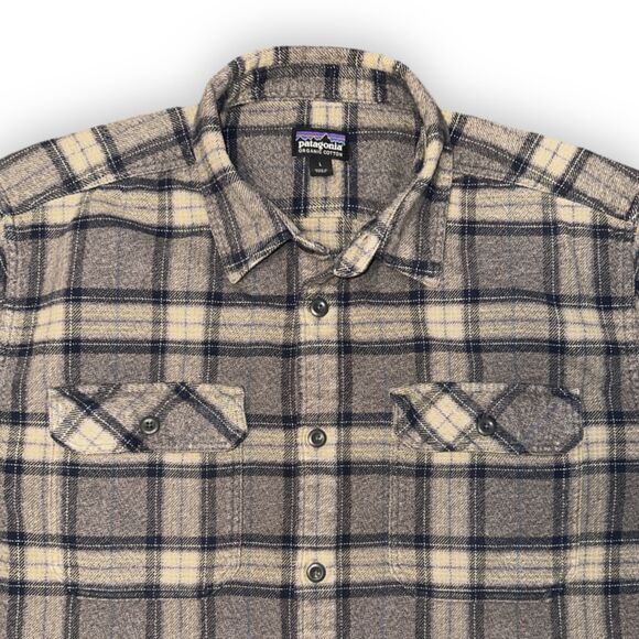 Patagonia Fjord Heavyweight Flannel Men's L Organic Cotton Gray Navy Plaid FA17 - Picture 2 of 8